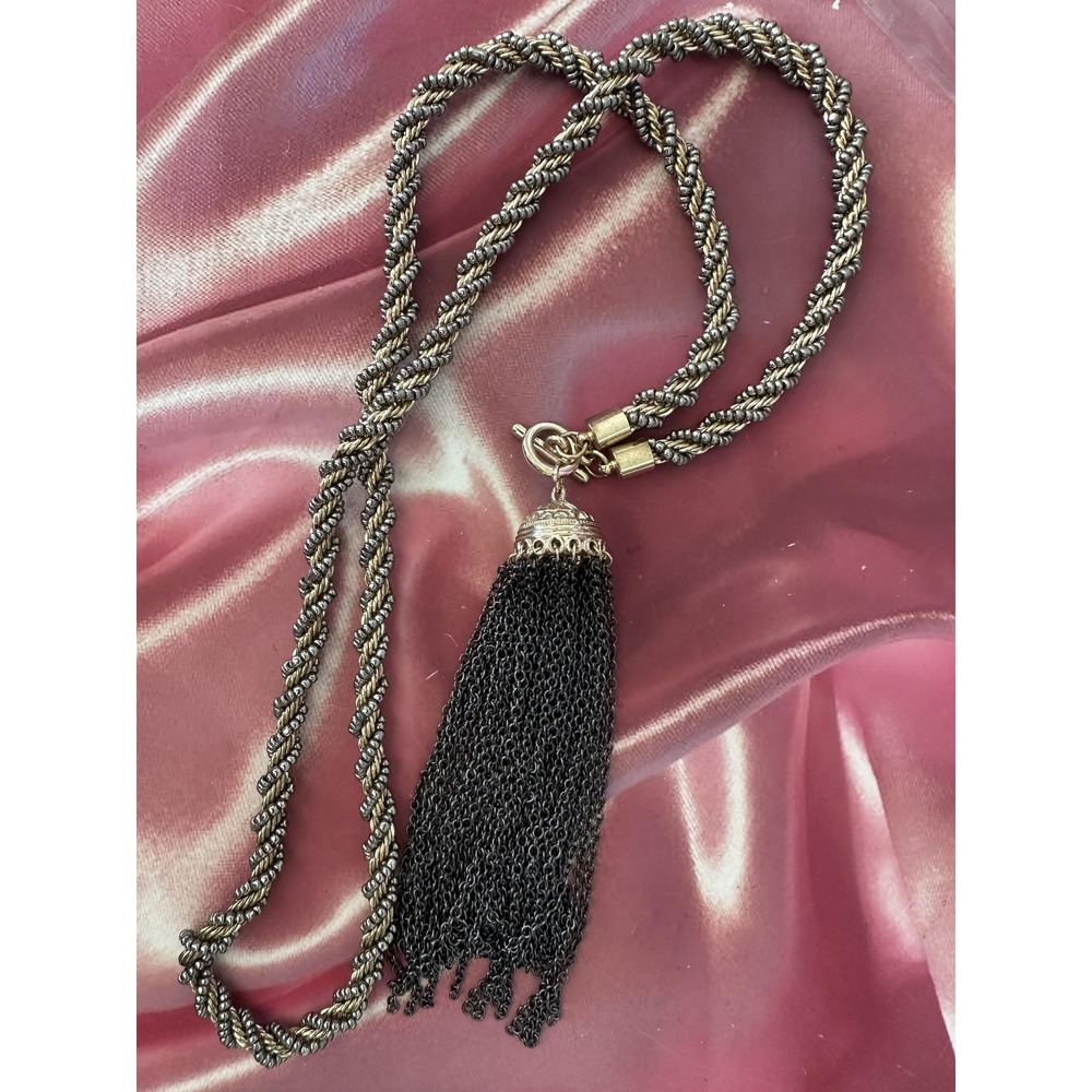Rope Chain Tassel Necklace Womens Long‎ Two Tone Gold Black Toggle Clasp Pendant